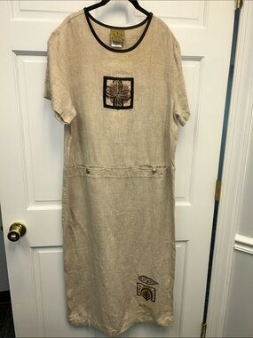 Vintage Blue Cactus Linen Lagenlook Beige Casual Dress Sz L Hand-painted Design